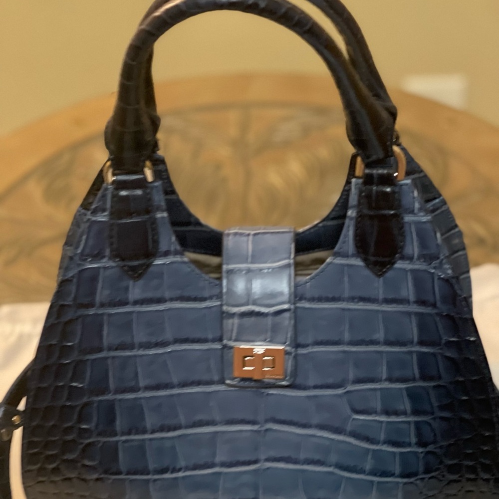 Brahmin Adrian Navy Croc-Embossed Leather Satchel